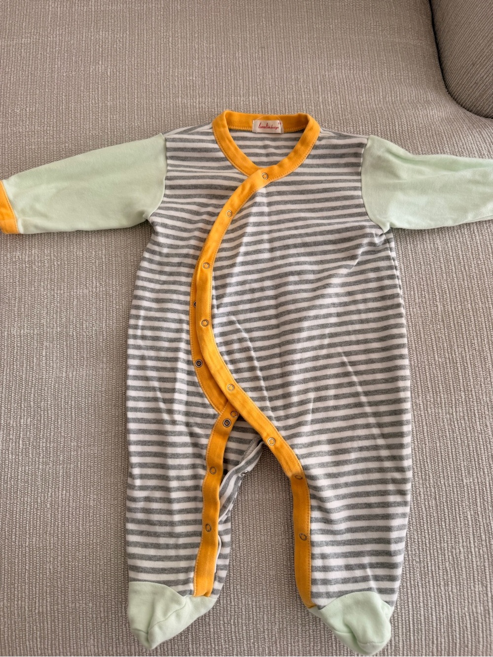 Striped Gray & Mint Footed One-Piece with Yellow Trim